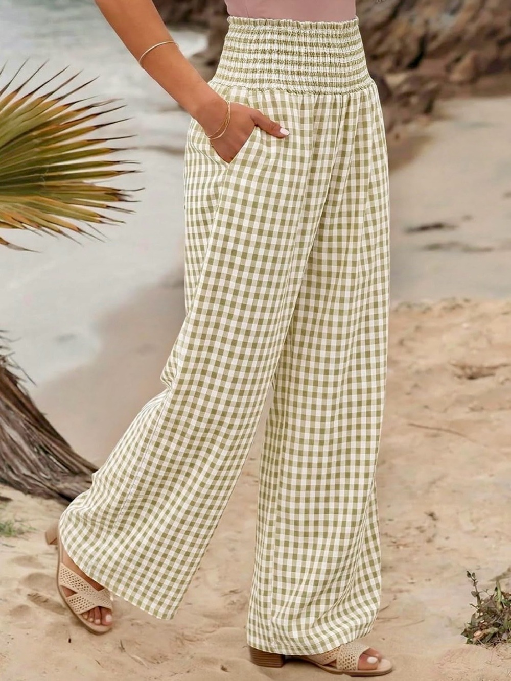 Wide-Leg Smocked Waist Gingham Pants - Sage Green and White (NEW) - Picture 3 of 6